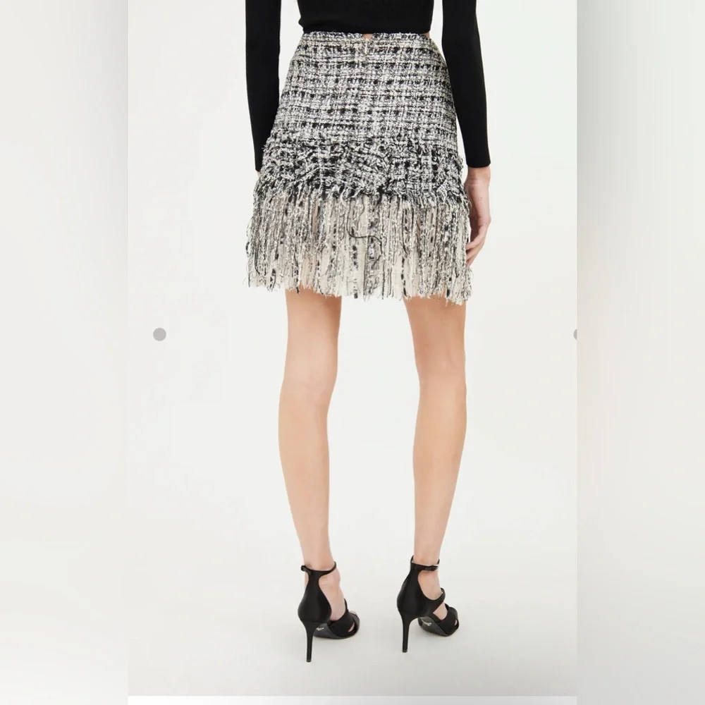 CHANEL Black and White Tweed Fringe and silk chiffon Mini Skirt 40 NO OFFERS